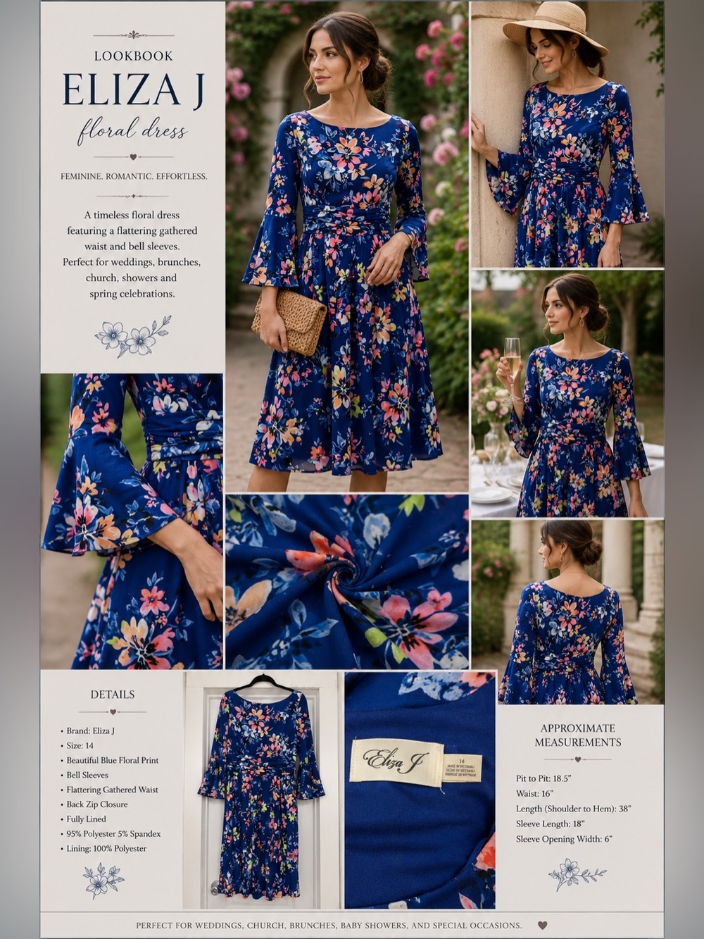 💙 Eliza J Floral Dress Size 14 Blue Bell Sleeve Fit & Flare Midi Wedding Guest